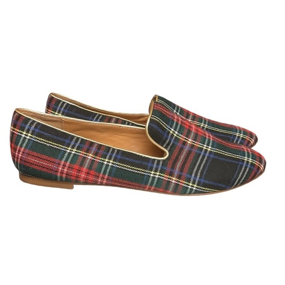J.Crew Plaid Smoking Loafers‎ Red Blue Size 7 Slip-On Flats Festive Tartan Shoes - Picture 1 of 11